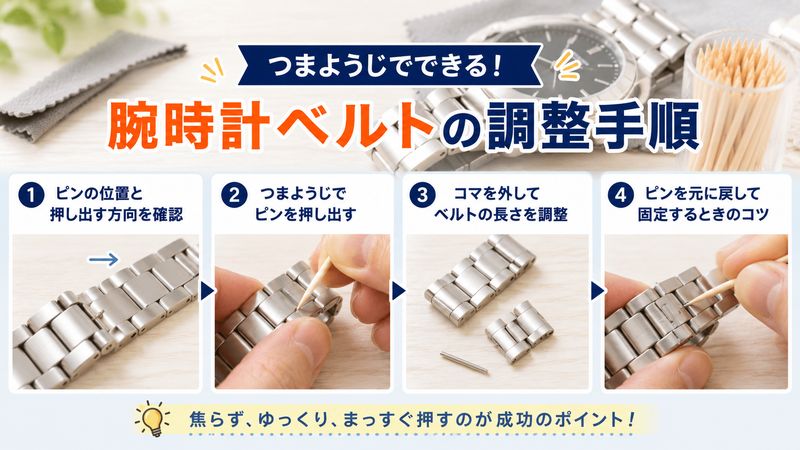 2.つまようじを使った腕時計ベルトの調整手順