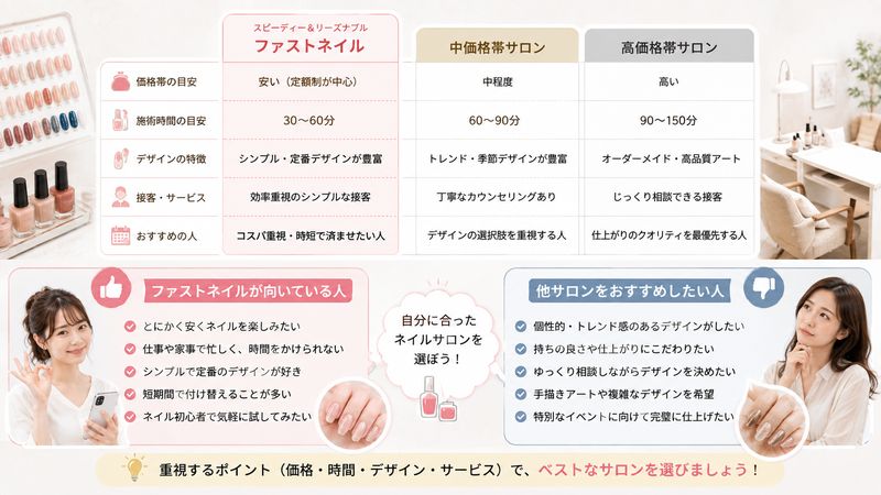 4.他のネイルサロンとの比較とファストネイルが向いている人
