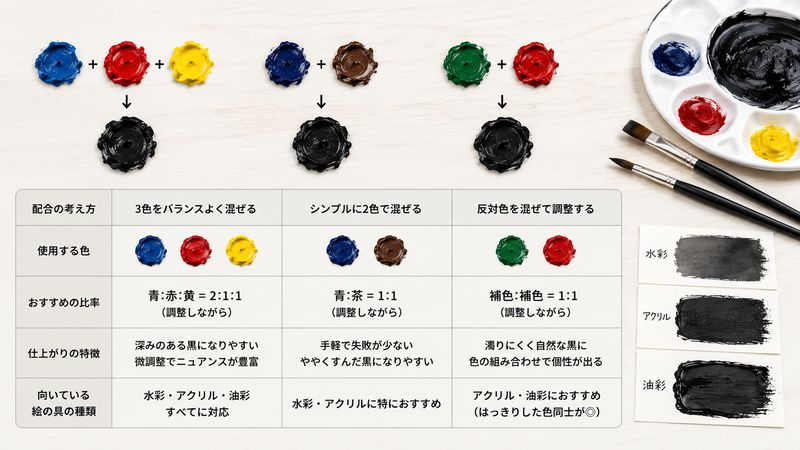 2.絵の具で黒を作る3つの配合パターンと具体的な比率